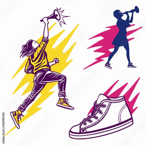 Girl power loudspeaker music sneakers protest art illustration