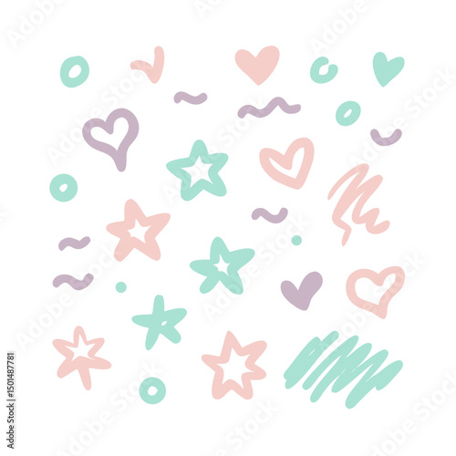 Cute pastel hearts stars and scribbles design elements transparent background