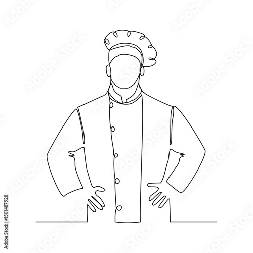 continuous line drawing of chef with apron and chef hat. Sketch drawing editable stroke vector illustration