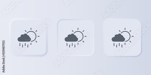 Grey Cloud with rain and sun icon isolated on grey background. Rain cloud precipitation with rain drops. Set icons in square buttons. Vector