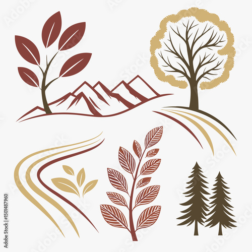 Autumnal landscape elements isolated on white background professional design