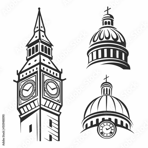 London clock tower big ben and church domes illustration