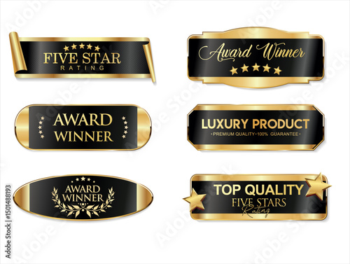 Top rated and award winner gold and black badge and emblem collection stock illustration