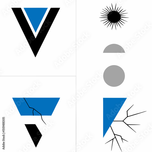Abstract geometric shapes blue black white sun crack damage