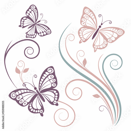 Elegant butterflies floral swirls design pastel colors nature spring