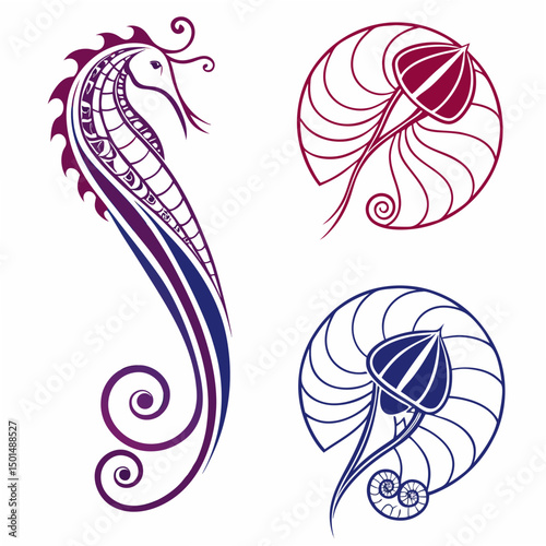 Elegant seahorse and nautilus shell design elements on white background