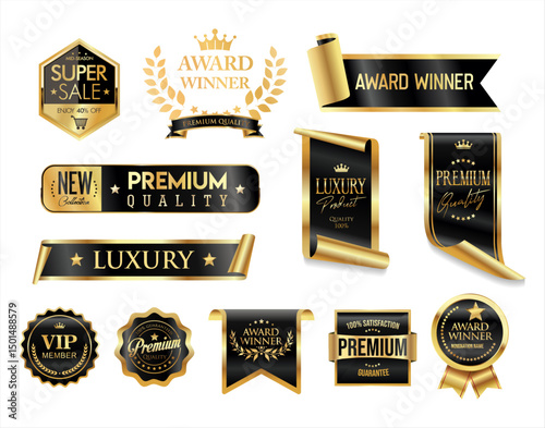 Top rated and award winner gold and black badge and emblem collection stock illustration