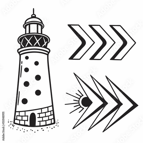 Lighthouse illustration with directional arrows nautical theme graphic design element