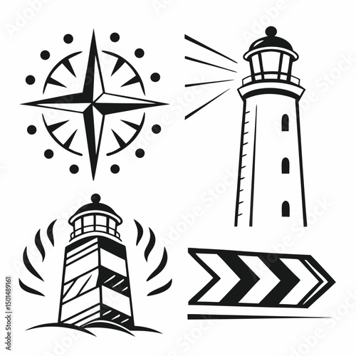 Nautical icons lighthouse compass navigation direction travel