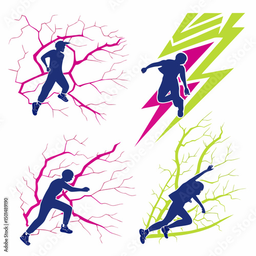 Energetic silhouettes of parkour athletes leaping over abstract branches and lightning bolts