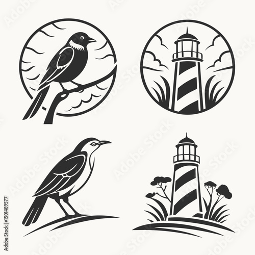 Bird and lighthouse black and white vector illustrations