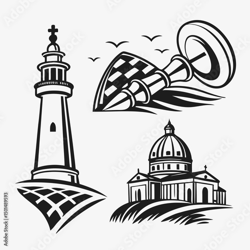 Lighthouse chess piece church black and white illustration