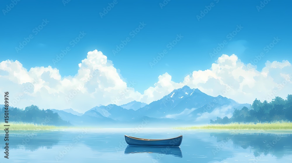 Obraz premium Serene lake landscape with a small boat