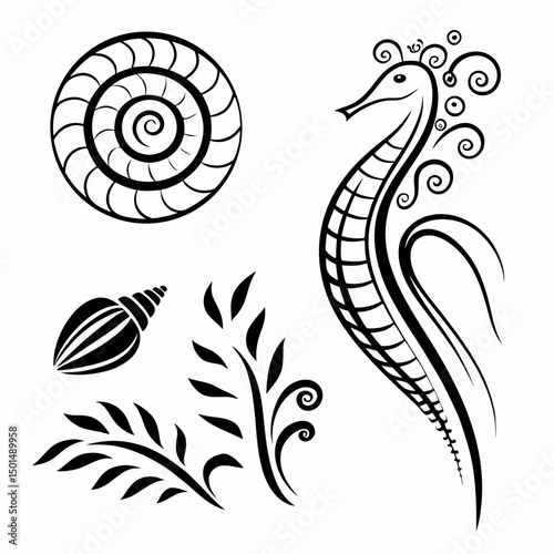 Elegant black and white sea life design seahorse shell spiral