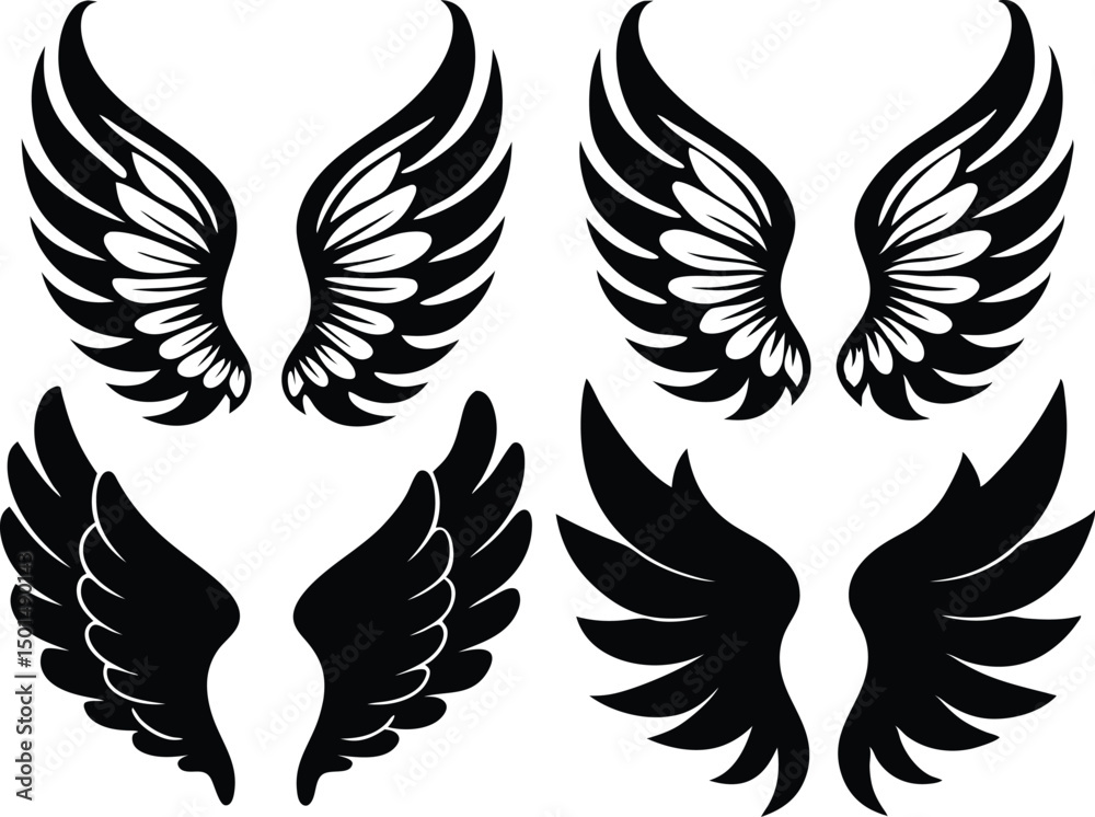 Obraz premium Flat design angel wings silhouette set vector design, New angel wings silhouette vector design illustration