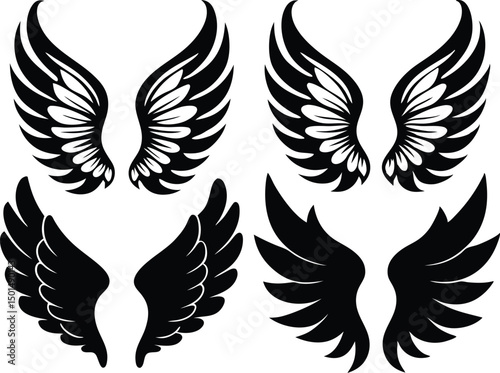 Flat design angel wings silhouette set vector design, New angel wings silhouette vector design illustration
