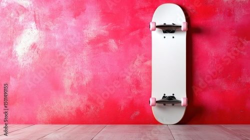 A sleek white skateboard rests against a bright pink wall, capturing the spirit of youth, fun, and active lifestyle in a vibrant urban setting.