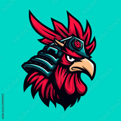 Vibrant samurai rooster head illustration showcasing bold colors and intricate details