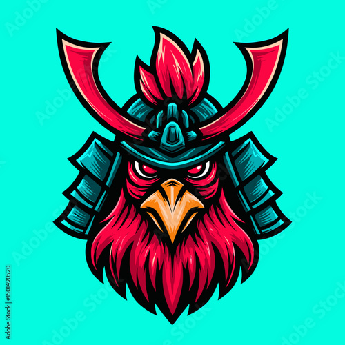 Colorful samurai rooster with vibrant details and unique design on turquoise background