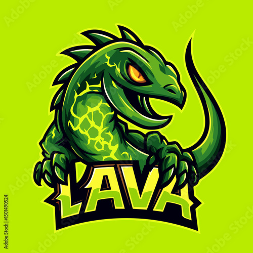 Colorful green lizard mascot with lava theme on bright yellow background