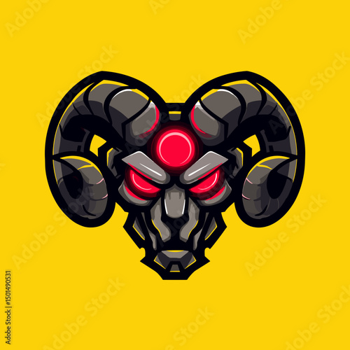 Bold ram skull design with glowing eyes set against a vibrant yellow background showcasing a modern graphic style