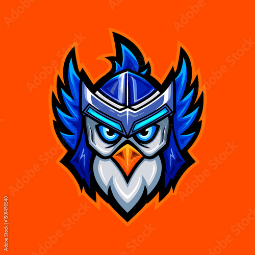 Bold illustration of a stylized owl warrior with vibrant colors and intricate details set against a bright orange background