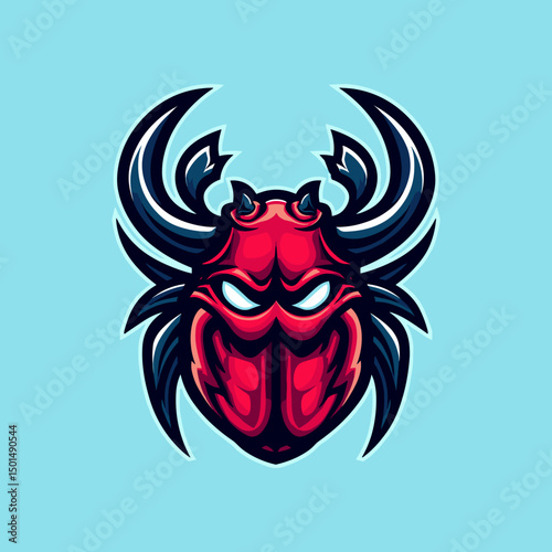 Detailed red and black beetle illustration with sharp features and vibrant colors on a light blue background