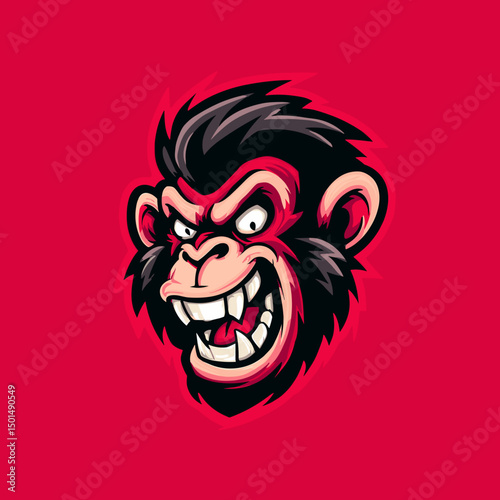 Cartoon style monkey head with fierce expression on bright red background showcasing dynamic character design and art style