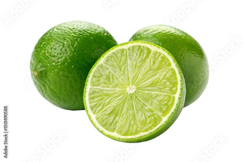 Whole and Halved Green Limes  isolated on white background.  Fresh Juicy Citrus for Cooking, Drinks & Wellness