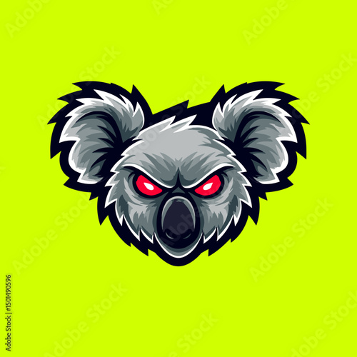 Stylized koala head illustration with glowing red eyes on a bright green background