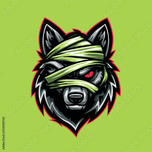 Mysterious wolf head design featuring bandages and striking red eye on vibrant green background