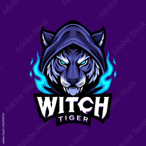 Stylish and fierce tiger illustration with witch elements and vibrant colors on a purple background