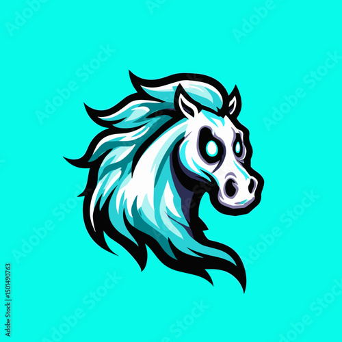 Creative illustration of a ghostly horse head on a vibrant turquoise background with an emphasis on dynamic design elements and vibrant colors