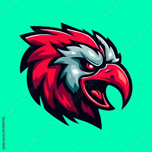 Wallpaper Mural Vibrant red and gray bird graphic design on green background showcasing fierce expression and detailed features Torontodigital.ca