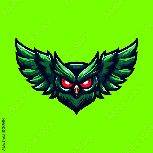 Stylized owl design featuring vibrant green colors and striking red eyes, perfect for representing wisdom or nature themes