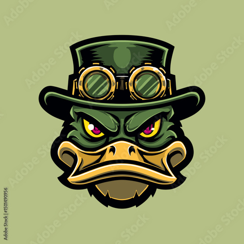 Steampunk duck character wearing a top hat and goggles with an intense expression on a green background