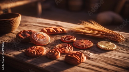 Summer Solstice: Stylized traditional offerings with sun symbols and harvest elements
