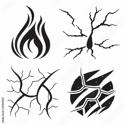 Abstract black and white crack and fire designs set