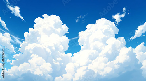 A high-resolution daytime sky filled with soft, fluffy white clouds on a vivid blue background, minimal and serene, perfect for background use, shot with a wide-angle lens