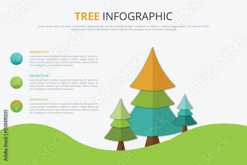 Tree infographic with icons, numbers and placeholder text. Green business diagram, and template. Vector timeline and industry growth chart.