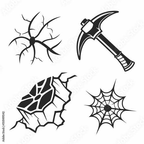Crack, pickaxe, stone, spiderweb, vector illustration, black and white, graphic design elements