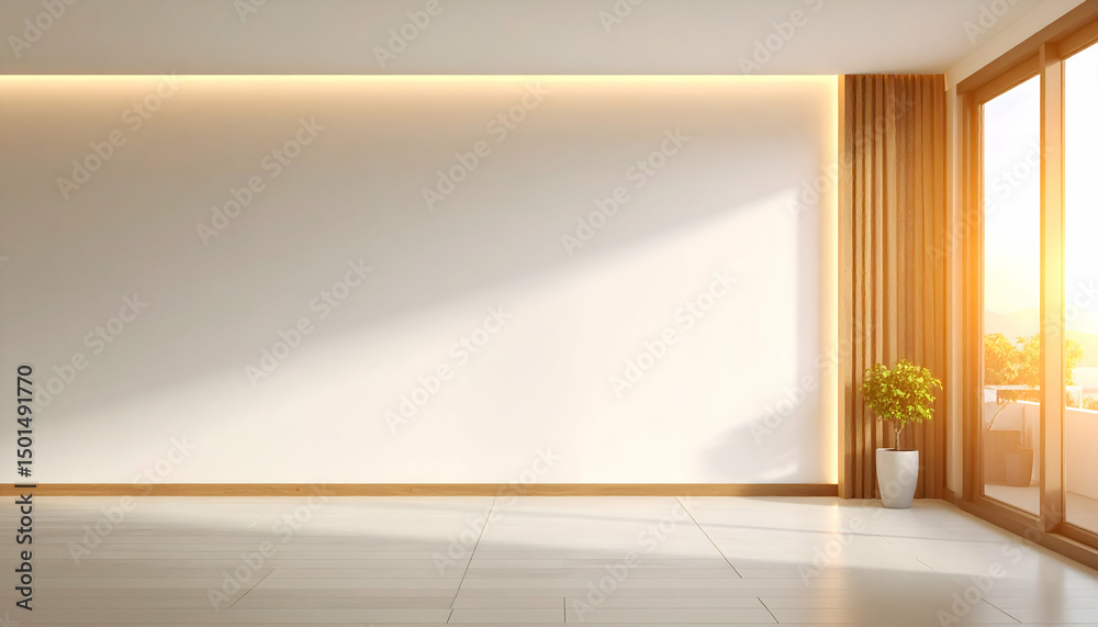 Obraz premium Bright Minimalist Room Interior with Wooden Accents and Balcony View