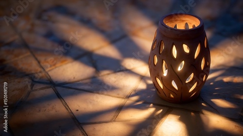 Summer Solstice: Handcrafted clay luminaria with sun-inspired cutouts casting