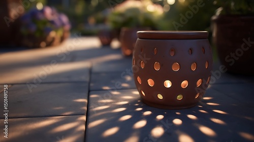 Summer Solstice: Handcrafted clay luminaria with sun-inspired cutouts casting