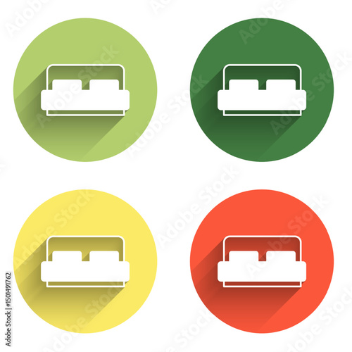 Set Hotel room bed icon isolated with long shadow background. Color circle button. Vector