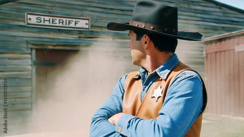 A resolute sheriff stands arms crossed before the wooden jailhouse wearing star badge and hat. Concept of authority, order and frontier justice.