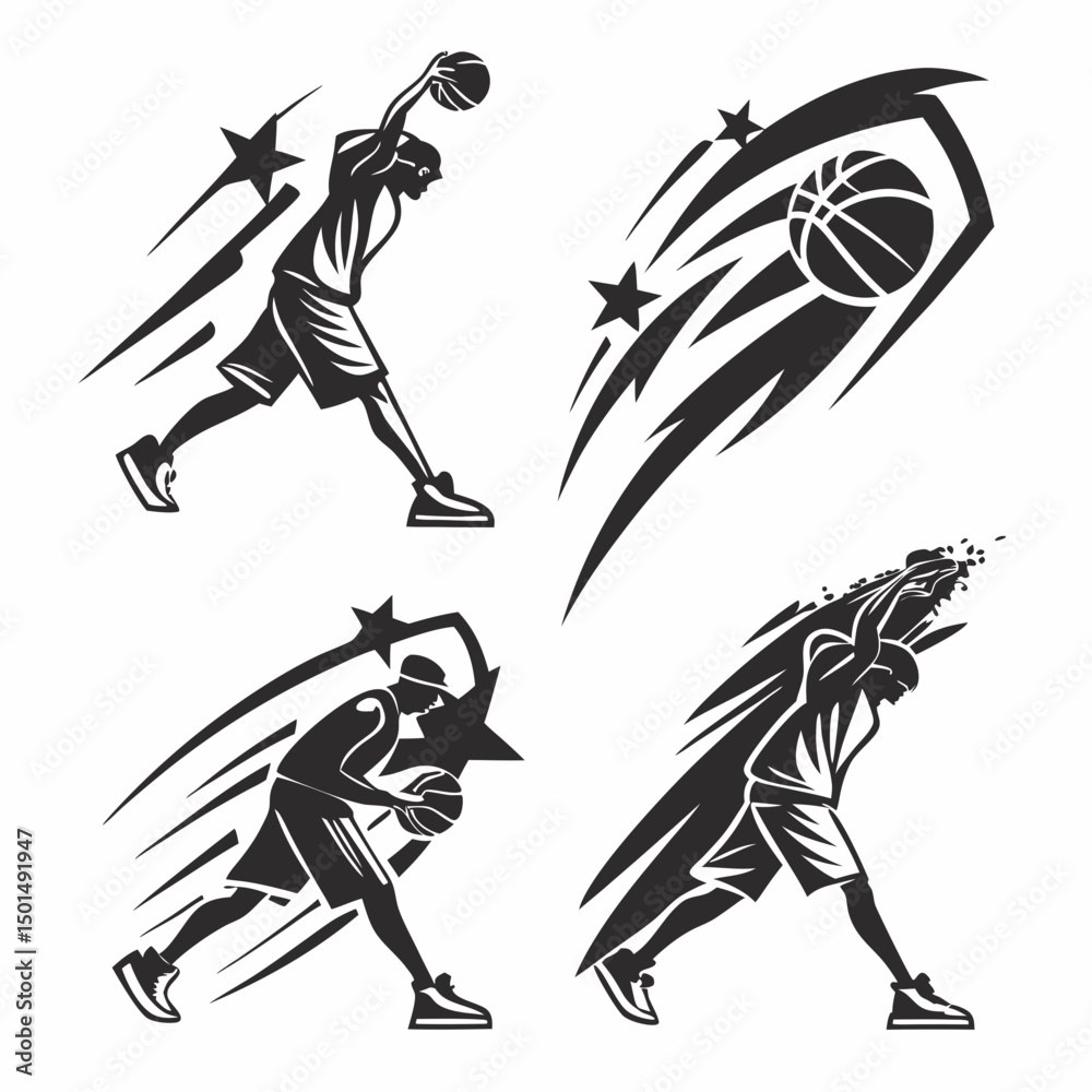 Fototapeta premium Professional basketball player silhouettes with stars and motion trails on white background