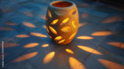 Summer Solstice: Handcrafted clay luminaria with sun-inspired cutouts casting