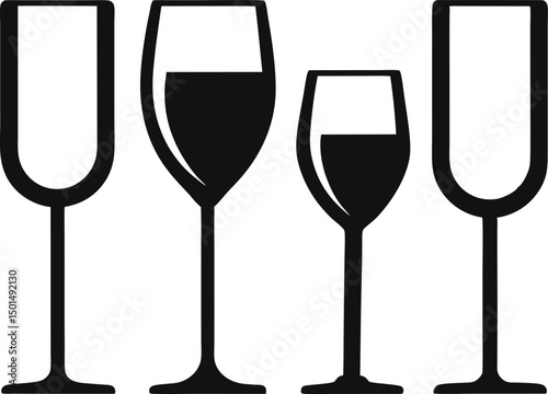 Wine glass and bottle silhouette vector, Set of drinks glasses vector illustration