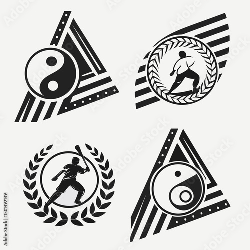 Sport emblem set silhouettes baseball martial arts yin yang